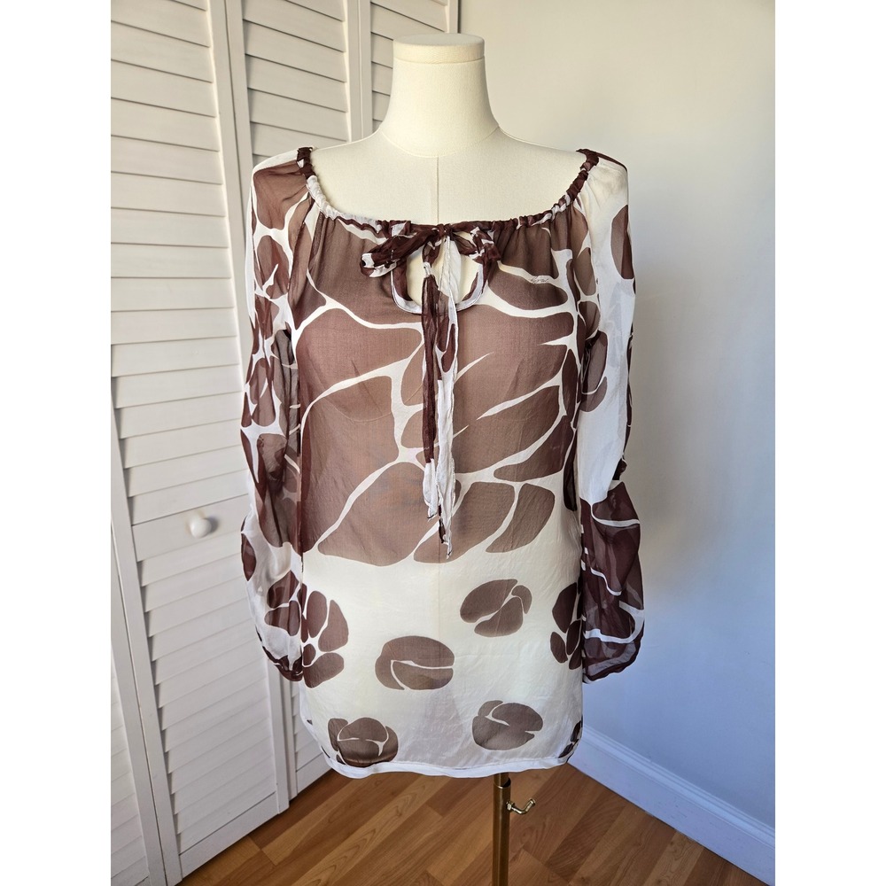 Milly Brown Abstract Silk Sheer Tunic Blouse Sz 10 Boho Romantic Designer Artsy